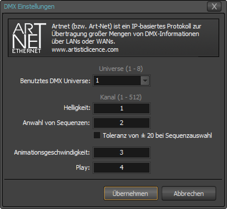 DMX-Einstellungen für Netzwerk, Universe und Startkanal